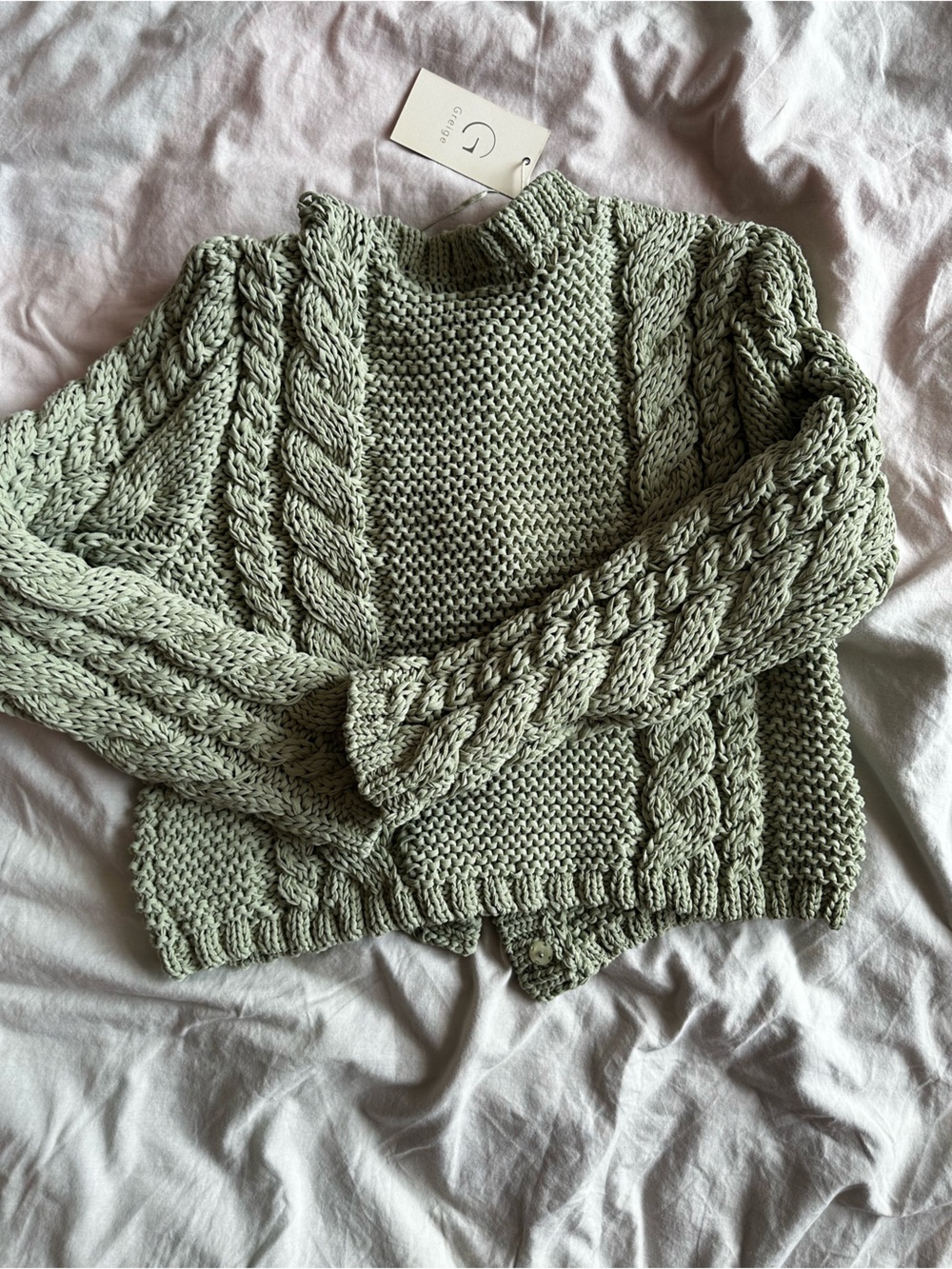 Greige Cozy Cable Knit Cropped Cardigan Floral Button Sage Green Size M - Picture 13 of 15